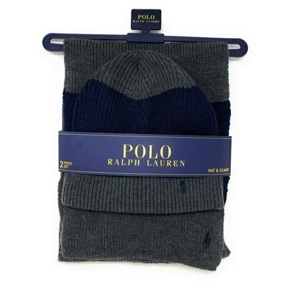 Polo Ralph Lauren Men's Navy &  Grey Beanie & Scarf -2 Piece Set